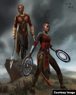 Marvel Studios' Black Panther Dora Milaje conceptual character and costume design sketch. Costume design sketch and costume design: Ryan Meinderding and VisDev Team. Concept artist: Anthony Francisco. ©Marvel Studios 2018