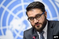 FILE - Afghan National Security Adviser Hamdullah Mohib is pictured at a press conference in Geneva, Nov. 28, 2018.