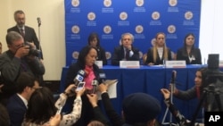 Venezuelan Interim Ambassador to OAS Carmen Velasquez interrupts a news conference held by OAS Secretary General Luis Almagro and Patricia Ceballos, Lilian Tintori and Oriana Goicoechea, relatives of Venezuelan opposition leaders in jail, March 20, 2017.