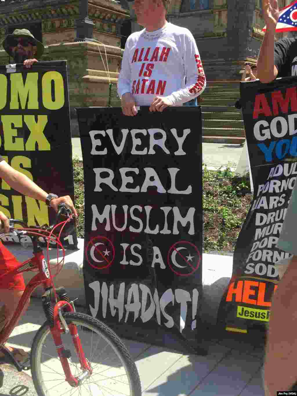 Jim Gilles of Evansville, Indiana, said he is a born-again Christian and joined a small group of people from around the country protesting Islam, in the Public Square in downtown Cleveland, July 18, 2016. The Republican National Convention, being held a f