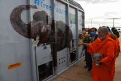 A Buddhist monk sprinkles holy water around the crate containing Kaavan the Asian elephant upon his arrival in Cambodia from Pakistan at Siem Reap International Airport in Siem Reap on November 30, 2020. (Photo by TANG CHHIN Sothy / AFP)