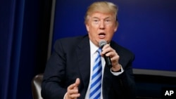 President Donald Trump speaks during a town hall with business leaders in the South Court Auditorium on the White House complex in Washington, April 4, 2017.