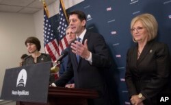 House Speaker Paul Ryan of Wisconsin, joined by, from left, Rep. Cathy McMorris Rodgers, R-Wash., House Majority Leader Kevin McCarthy of California and interim House Budget Committee Chairman Rep. Diane Black, R-Tenn., meet with reporters on Capitol Hill in Washington to discuss their efforts to replace the Affordable Care Act, Jan. 10, 2017.