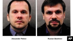 This combination photo made available by the Metropolitan Police on Wednesday Sept. 5, 2018, shows Alexander Petrov, left, and Ruslan Boshirov. British prosecutors have charged two Russian men, Alexander Petrov and Ruslan Boshirov, with the nerve agent po