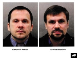 This combination photo made available by the Metropolitan Police, Sept. 5, 2018, shows Alexander Petrov, left, and Ruslan Boshirov. British prosecutors have charged two Russian men, Alexander Petrov and Ruslan Boshirov, with the nerve agent poisoning of ex-spy Sergei Skripal and his daughter Yulia in the English city of Salisbury. They are charged in absentia with conspiracy to murder, attempted murder and use of the nerve agent Novichok.