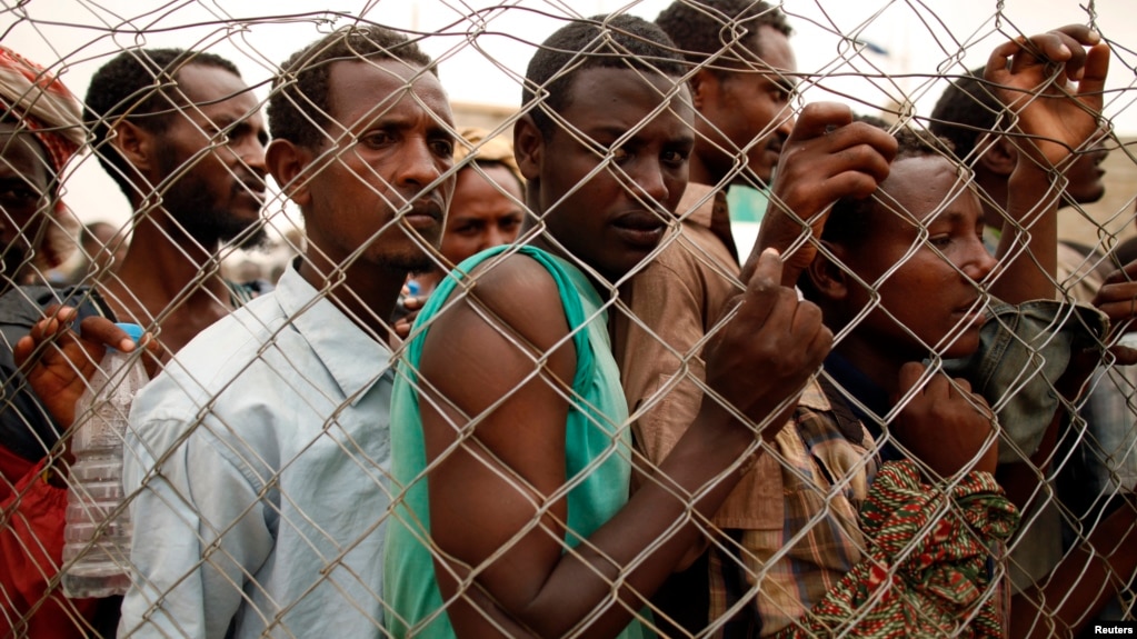 Ethiopia migrant workers seeking jobs in Saudi Arabia are being turned back on March 16, 2012, in Haradh, a town in western Yemen near the site where the Saudi government is erecting a fence along the border.