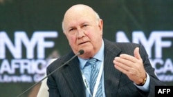 This picture taken June 14, 2013 shows former South African president FW de Klerk speaking during an economic forum in Libreville, South Africa. The country's last apartheid-era president was hospitalized on July 2, 2013 to receive a pacemaker.