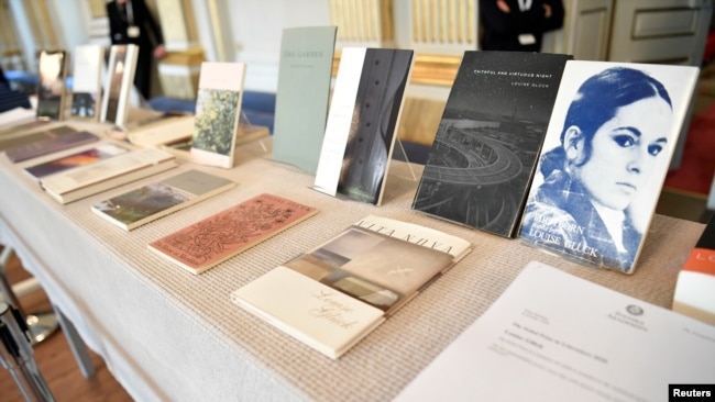 Books of American poet Louise Gluck during the announcement of 2020 Nobel Prize in literature at Borshuset in Stockholm, October 8, 2020. Gluck won the prize. (TT News Agency/Henrik Montgomery/via REUTERS)