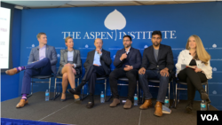 Experts discuss the use cases of AI in global health at the Aspen Institute, Washington DC, April 01, 2019. From left to right: Mark Peterson, Senior Program Officer, the Bill & Melinda Gates Foundation; Adele Waugaman, Senior Digital Health Advisor, USAID’s Center for Innovation and Impact; Sunil Wadhwani, Co-Founder, Wadhwani AI and Founder, WISH Foundation; Saurabh Johri, Chief Scientist, Babylon Health; Jay Komarneni, Founder and Chair, the Human Diagnosis Project; Wendy Taylor, Fellow, Rockefeller Foundation (moderator). (Chetra Chap/VOA Khmer)