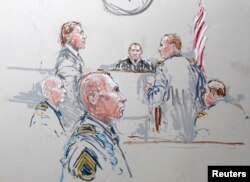 Army Staff Sergeant Robert Bales (3rd L)is seen in a courtroom sketch at Joint Base Lewis-McChord, Washington, Jan. 17, 2013.