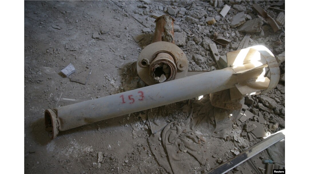 Remaining missile fragments from attacks in 2013 are shown in the Ghouta town of Ain Tarma, Syria, April 7, 2017.