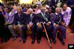 Five men who took part in the Memphis sanitation workers strike in 1968 wait for a ceremony to begin at the Mason Temple of the Church of God in Christ, April 3, 2018, in Memphis, Tenn. From left are Cleophus Smith, Ozell Eual, Elmore Nickleberry, Baxter Richard Leach, and the Rev. Leslie R. Moore. The church is where the Rev. Martin Luther King Jr. delivered his final speech, which contained the phrase, "I've been to the mountaintop," on April 3, 1968, the night before he was assassinated. King was in Memphis to support the striking workers.