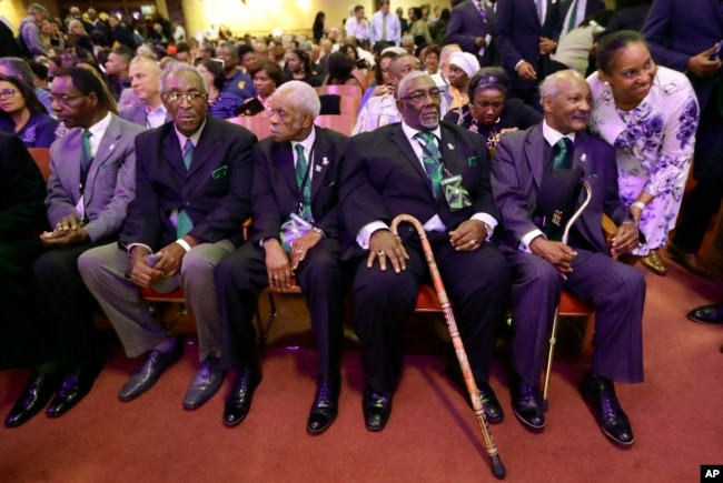 Five men who took part in the Memphis sanitation workers strike in 1968 wait for a ceremony to begin at the Mason Temple of the Church of God in Christ, April 3, 2018, in Memphis, Tenn. From left are Cleophus Smith, Ozell Eual, Elmore Nickleberry, Baxter Richard Leach, and the Rev. Leslie R. Moore. The church is where the Rev. Martin Luther King Jr. delivered his final speech, which contained the phrase, "I've been to the mountaintop," on April 3, 1968, the night before he was assassinated. King was in Memphis to support the striking workers.