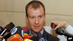 Michael Mann, spokesman for EU foreign policy chief Catherine Ashton, speaks to media in Istanbul, April 14, 2012. 