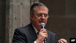 Mexico's Foreign Minister Marcelo Ebrard speaks at the end of the Community of Latin American and Caribbean States, or CELAC Summit, at the National Palace in Mexico City, Sept. 18, 2021. 