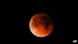 “超级血狼月”罕见月食奇景