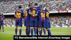 Le Barça célèbre le but de Suarez, au stade Camp Nou, Barcelone, 14 avril 2018. (FC Barcelone/Site Internet)