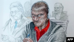 Court sketch made on October 2, 2012 by artist Marco Vaglieri shows Sadi Bugingo, the suspect in the Rwandan genocide case. 