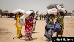 People living in the Melia IDP camp, Lake Chad, receiving WFP food. 