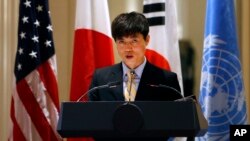 FILE - North Korean human rights activist Shin Dong-hyuk delivers remarks during an event on human rights in North Korea at the Waldorf Astoria Hotel, in New York.