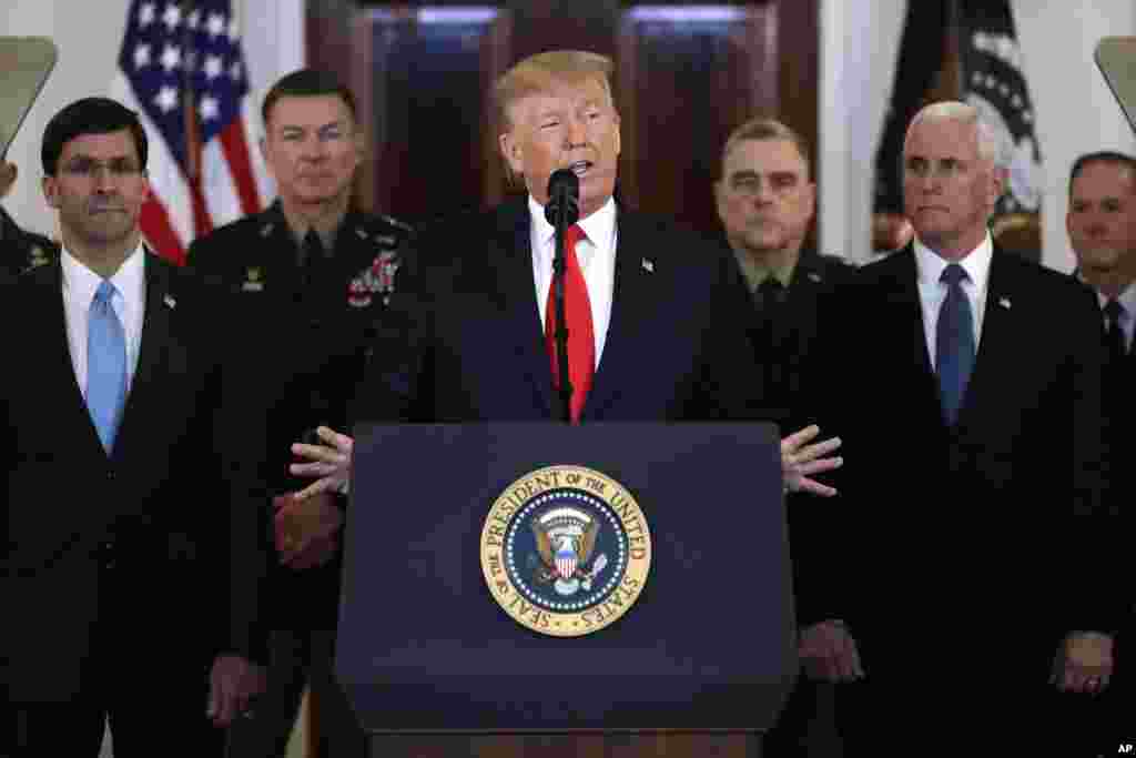 پرزیدنت ترامپ در پی حمله موشکی ایران به پایگاه عین الاسد در عراق سخنرانی کرد. او اعلام کرد که هیچ آسیبی به نیروهای آمریکایی در عراق وارد نشده است.