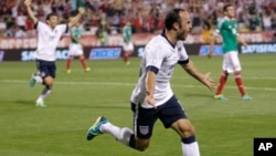 FILE - United States' Landon Donovan celebrates his goal against Mexico during the second half of a World Cup qualifying soccer match Sept. 10, 2013.