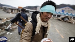 An injured survivor searches for food at a destroyed supermarket in the devastated residential area of Otsuchi, Japan, March 15, 2011.