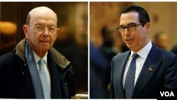 FILE - Commerce secretary nominee Wilbur Ross, left, and Treasury secretary nominee Steven Mnuchin are shown in this composite image from AP and Reuters photos.
