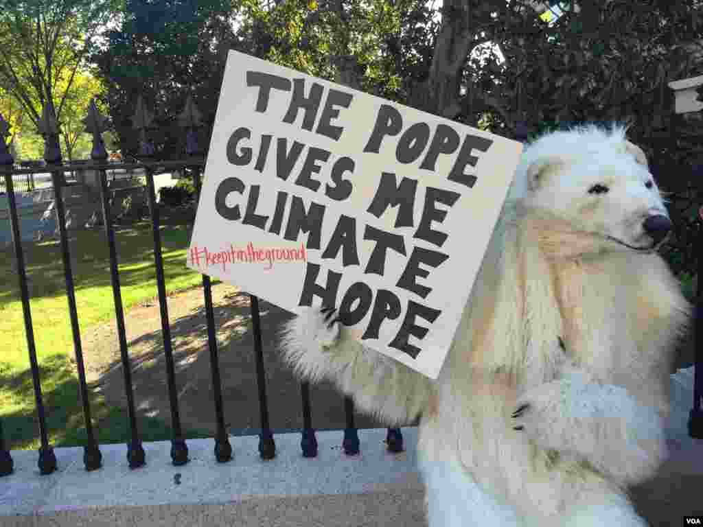 Une personne en costume d&#39;ours polaire montre son soutien à la position du pape François sur le changement climatique, en face de la Maison Blanche.