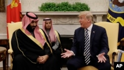 지난해 3월 도널드 트럼프 미국 대통령이 백악관 집무실에서 모하마드 빈살만 사우디아라비아 왕세자와 정상회담을 하고 있다.