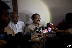 Jaganmohan Reddy, father of Alok Madasani, an engineer who was injured in the shooting Wednesday night in a crowded suburban Kansas City bar, speaks to the media at his home in Hyderabad, India, Feb. 24, 2017.