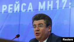 FILE - Oleg Storchevoy, deputy head of Russian Federal Aviation Agency Rosaviatsiya, is seen speaking at a news conference on the downing of Malaysian Airlines flight MH17, in Moscow, Russia, July 16, 2015.