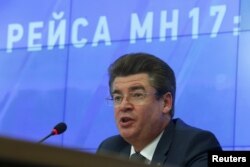 Oleg Storchevoy, deputy head of Russian Federal Aviation Agency Rosaviatsiya, is seen speaking at a news conference on the downing of Malaysian Airlines flight MH17, in Moscow, Russia, July 16, 2015.