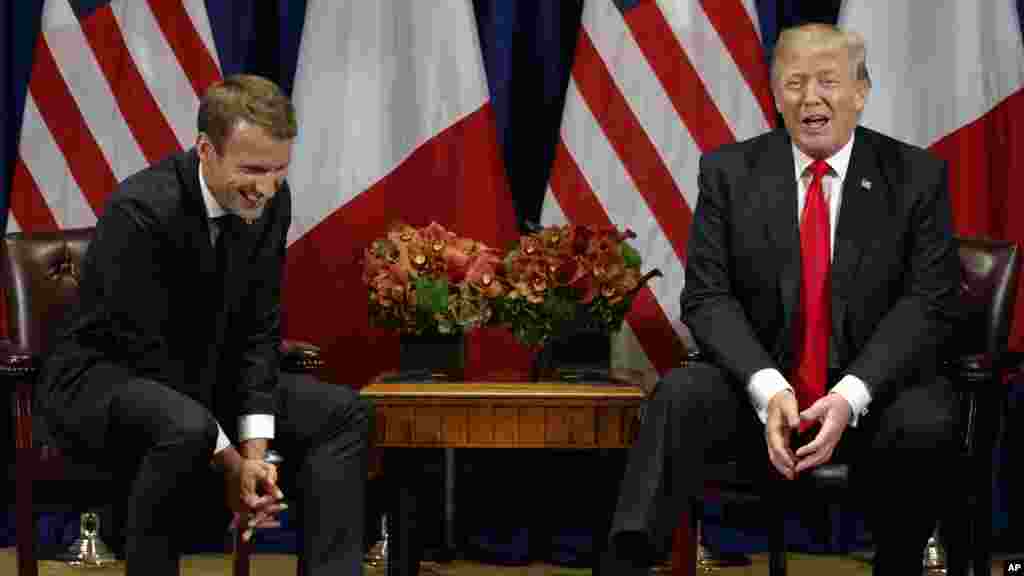 President Trump jokes with French President Emmanuel Macron.