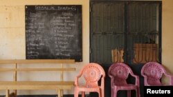 A blackboard with translations of French phrases into the Kanuri language is seen at a Cameroonian military base in Kolofata, Cameroon, March 16, 2016. 