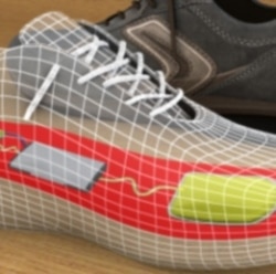 Artist's idea of a shoe embedded with components that collect and store power to run mobile devices.