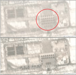 지난 2018년 1월 11일자 ‘플래닛’의 위성사진에 점 형태로 집결한 병력(붉은 원 안)이 보인다. 아래 사진에서 이들 병력의 대열이 이동한 것을 확인할 수 있다. (사진 제공=Planet)