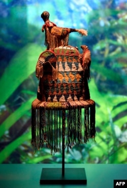 Funerary crown of the Kingdom of Dahomey dating from 1860-1889 is pictured, on May 18, 2018 at the Quai Branly Museum-Jacques Chirac in Paris.