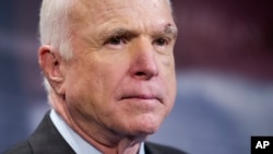 FILE - Sen. John McCain, R-Ariz., speaks to reporters on Capitol Hill in Washington.