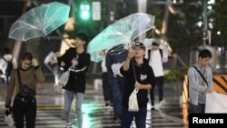 일본 나고야에서 30일 우산을 쓴 행인들이 태풍 짜미로 인한 강풍과 폭우 속에 걸어가고 있다.