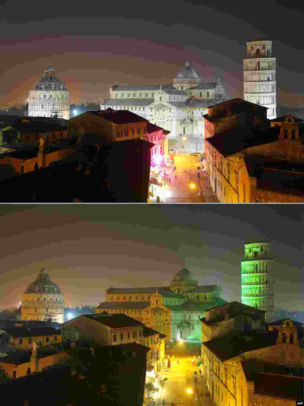 Tấm ảnh đôi cho thấy tháp nghiêng Pisa vào ban đêm (trên) và tháp nghiêng Pisa được rọi đèn màu xanh lá cây để đón mừng ngày lễ quốc gia của Ireland vào đêm trước Ngày Thánh Patrick, ngày 16 tháng 3, 2014.