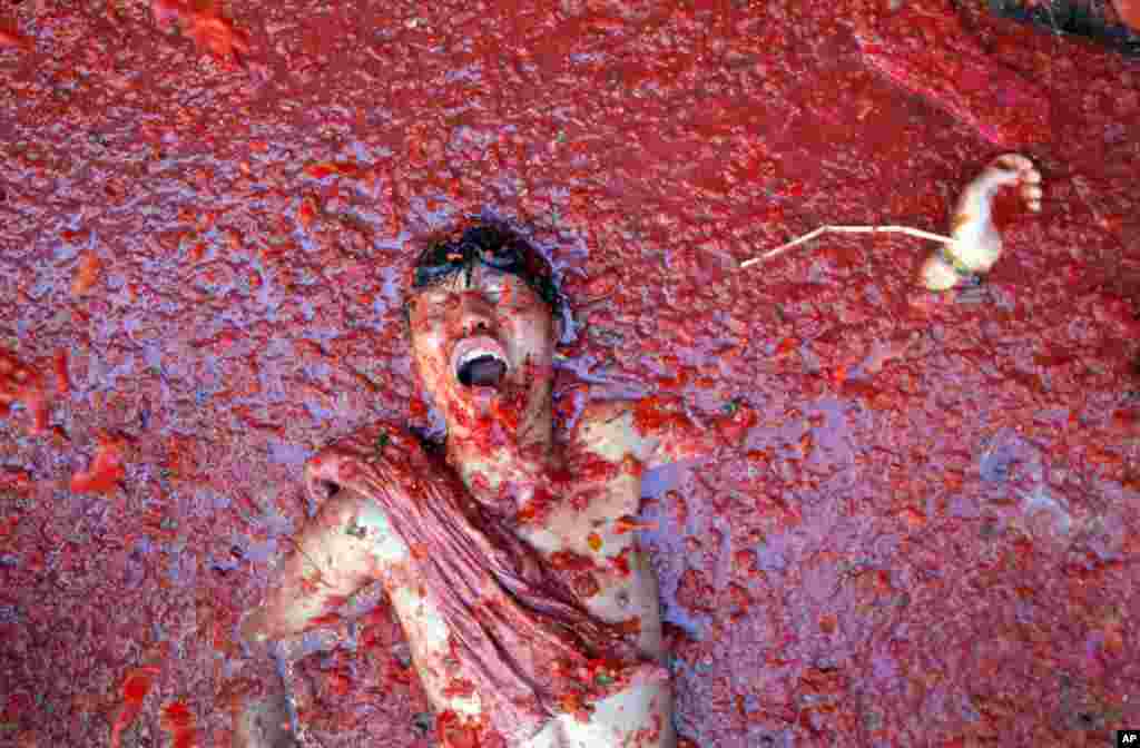 Một người nằm giữa vũng cà chua dập nát, trong lễ hội ném cà chua "Tomatina" ở làng Bunol, 50 km bên ngoài thành phố Valencia, Tây Ban Nha. 