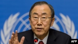 UN Secretary General Ban Ki-moon gives a press conference at the UN Human rights Council session on March 3, 2014 in Geneva.