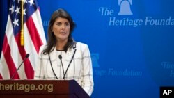 U.S. Ambassador to the United Nations Nikki Haley speaks at The Heritage Foundation about the U.S. withdrawal from the U.N. Human Rights Council, in Washington, July 18, 2018.