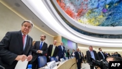 UN Secretary-General Antonio Guterres (L) looks on at the opening of the United Nations Human Rights Council, Feb. 27, 2017 in Geneva.