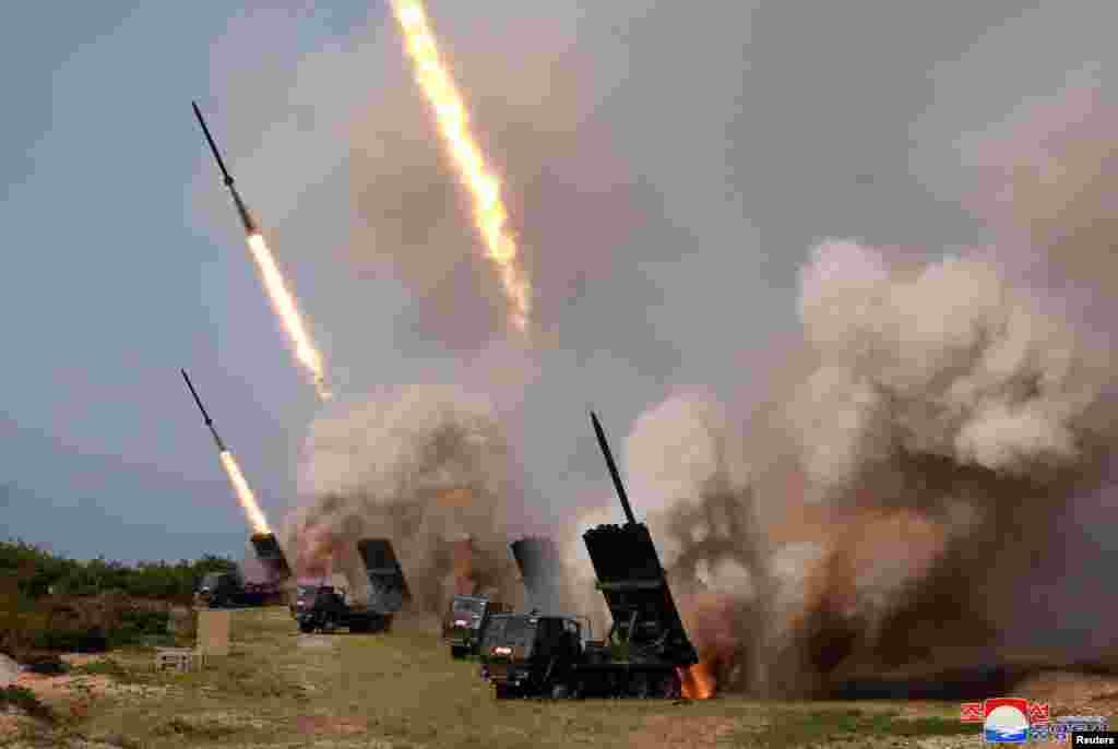 North Korean military conducts a &quot;strike drill&quot; for multiple launchers and tactical guided weapon into the East Sea during a military drill, May 4, 2019, in this photo supplied by the Korean Central News Agency (KCNA).