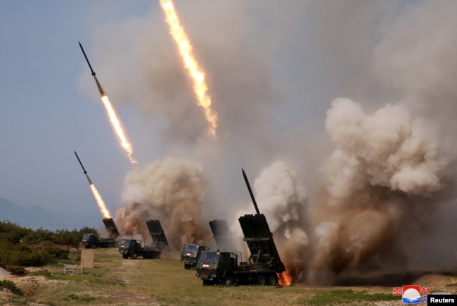 North Korean military conducts a "strike drill" for multiple launchers and tactical guided weapon into the East Sea during a military drill in North Korea, in this May 4, 2019, photo supplied by the Korean Central News Agency (KCNA).
