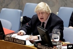 Britain's Foreign Minister Boris Johnson addresses the U.N. Security Council on Somalia, March 23, 2017. Johnson, who visited Somalia last week, chaired a council meeting on the humanitarian and political situation in the Horn of Africa nation.