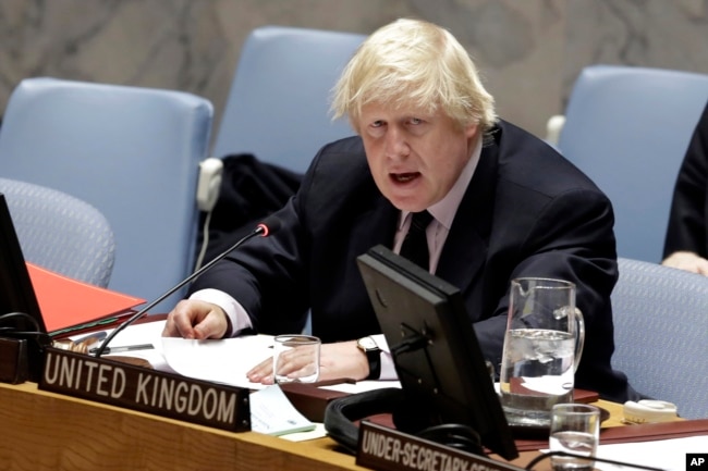 Britain's Foreign Minister Boris Johnson addresses the U.N. Security Council on Somalia, March 23, 2017.