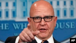 FILE - National security adviser H.R. McMaster gestures as he answers questions from members of the media during the daily briefing in the Brady Press Briefing Room of the White House, Nov. 2, 2017.